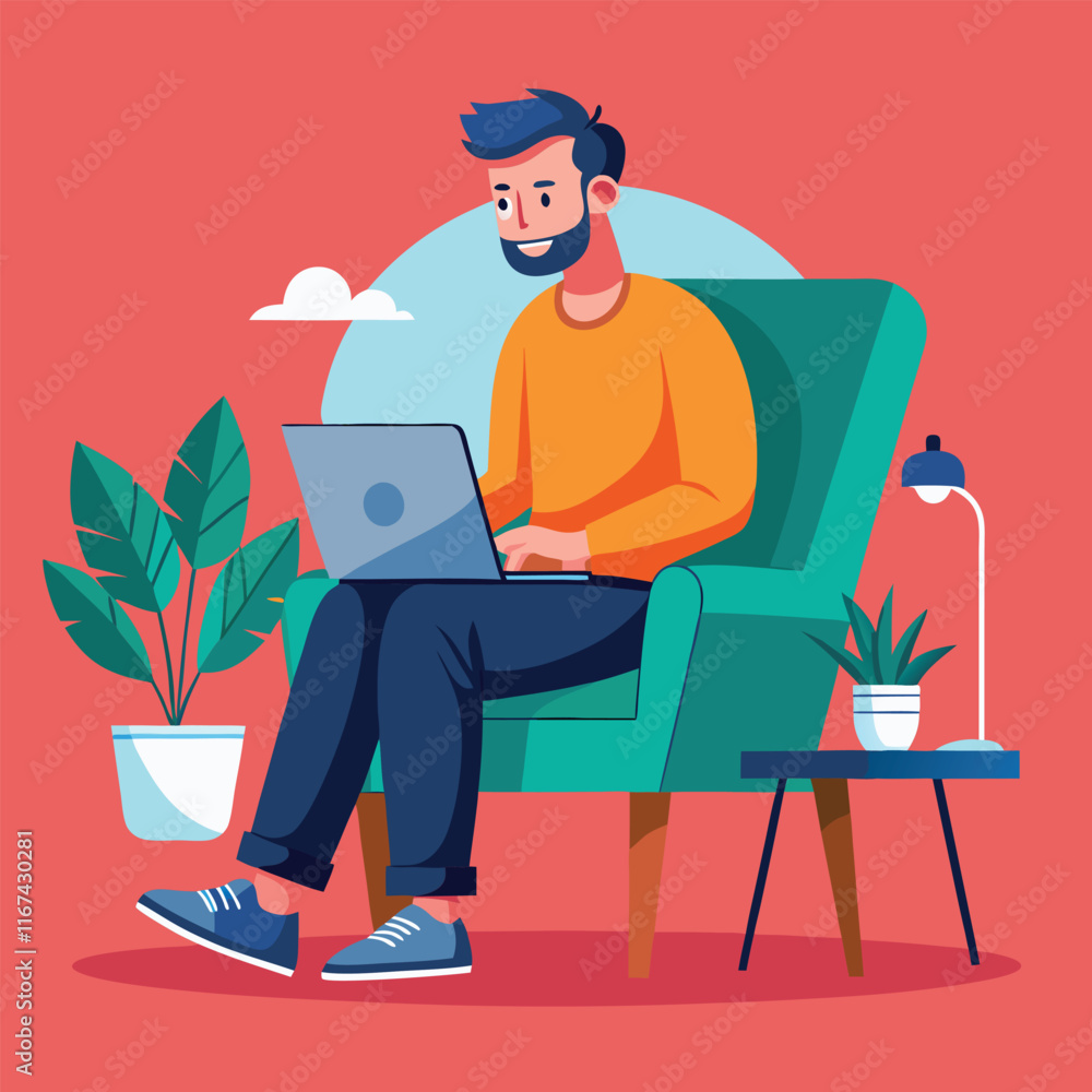 man working on his laptop, vector illustration man working on his laptop, vector illustration