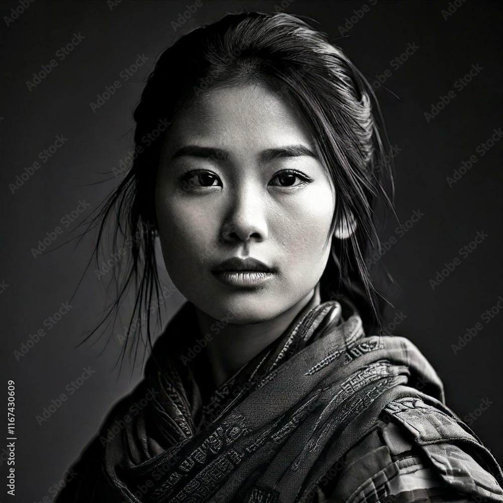 portrait of a asian female rebel soldier