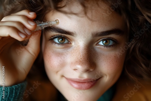 Elegant person delicately applying an experimental pheromone serum in anticipation of a romantic encounter with a subtle smile and hopeful gaze showcasing a sophisticated and refined atmosphere photo