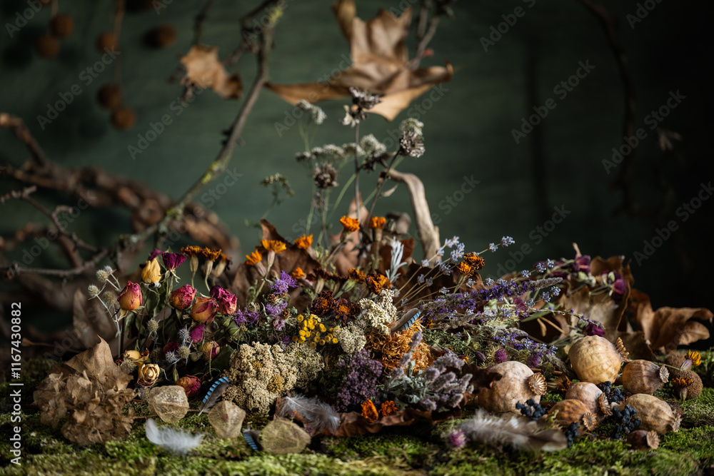 Obraz premium Still life. Background. composition. Desktop screensaver. Poppy fruits. A branch of leaves. Feathers of wild birds.