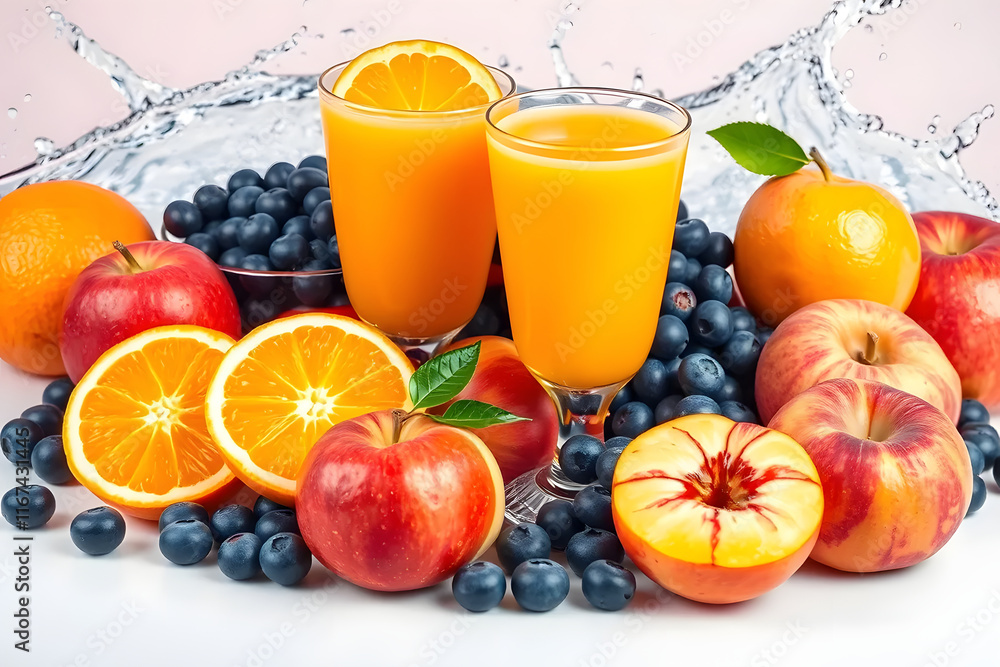 A refreshing glass of orange juice surrounded by fresh fruits including oranges, apples, and blueberries, with splashes of water in a vibrant, colorful background. A refreshing glass of orange juice surrounded by fresh fruits including oranges, apples, and blueberries, with splashes of water in a vibrant, colorful background.