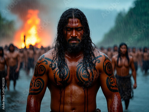 A wise tatooed Maori leader meditates on the rain, with his intense thoughts . With wounds on his face and scars marking his seasoned body and spirit, his loyal cohort follows him.  photo