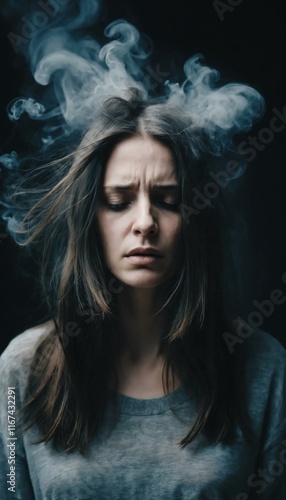 Woman with smoke emanating from her head, eyes closed, appearing stressed or overwhelmed.