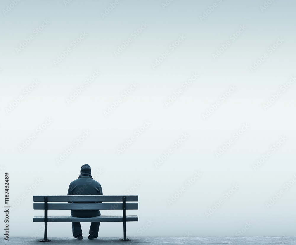 Lonely man sitting on a bench in the fog feeling sad and depressed Lonely man sitting on a bench in the fog feeling sad and depressed