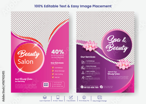 Beauty Spa salon Flyer set, Hair salon flyer, skin care flyer, purple pink color template design suitable for makeup poster book cover  brochure template design