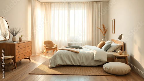 Scandinavian-Style Bedroom with Minimalist Furniture, Natural Wood Tones, and Soft Curtains Filtering Sunlight