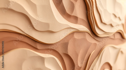 A detailed close-up shot of a 3D modern interior mural wallpaper using natural earth tones. The focus is sharp, showing browns, beiges, and muted colors.