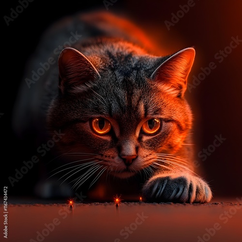 Feline stealthily leaves pheromone markers to demarcate the limits of its range prowling feline silhouette with luminous predatory eyes dexterous paws with retractable claws photo