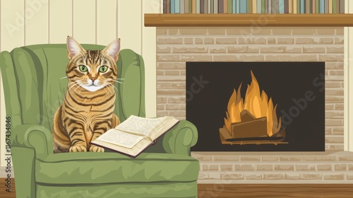 In a cozy living room, a ginger cat is nestled in a green armchair, flipping through a book while situated before a fireplace. photo