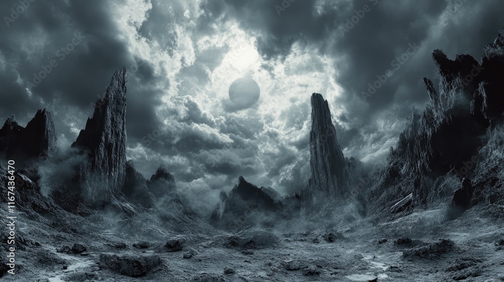 Fototapeta premium A dramatic, dark landscape under a stormy sky with towering rock formations and a distant planet.