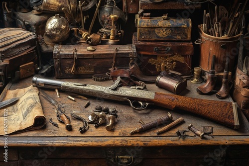 Antique firearm, tools, and aged containers on wood table. photo