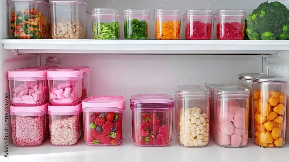 A shelf full of food items, including a pink container with strawberries A shelf full of food items, including a pink container with strawberries