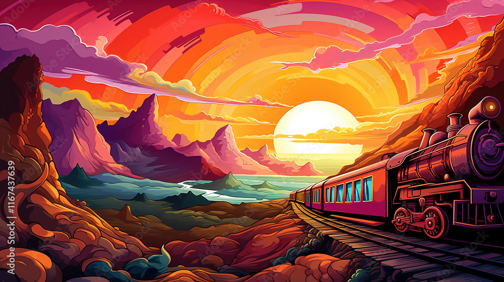 Obraz premium Sunset Train Journey Through Majestic Mountains