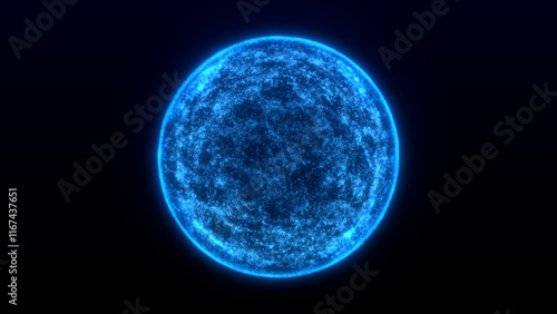 Abstract motion digital blue glowing blurred bright energy sphere. Futuristic energy ball animation with chaotic particles , line  and dots into. Seamleass  loop photo