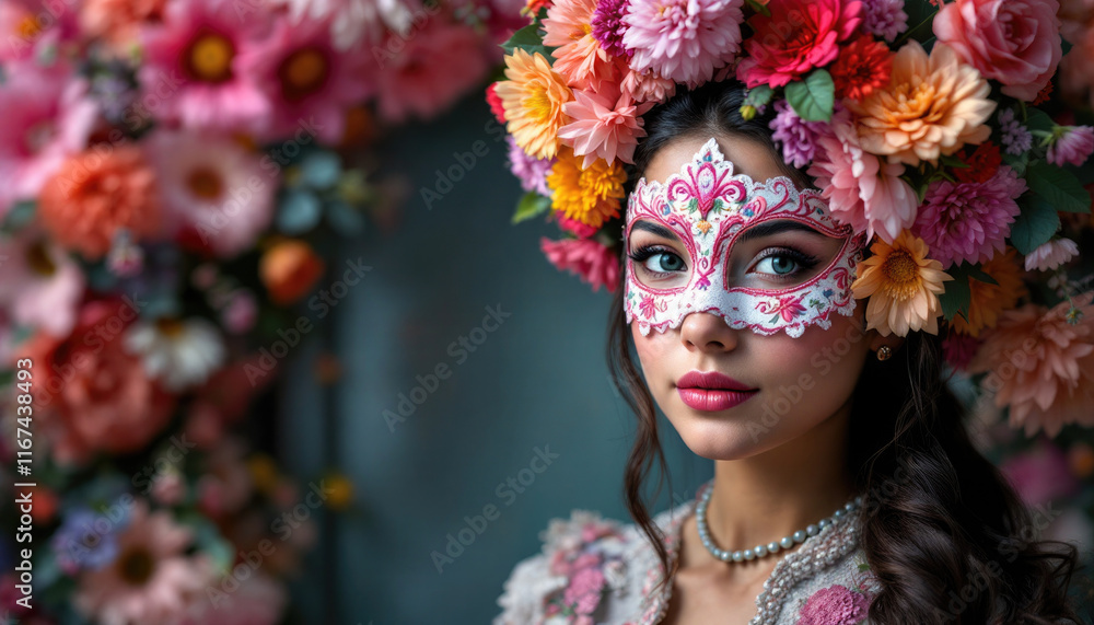 Horizontal banner, postcard with space for text. Elegant woman with floral mask and colorful flowers in charming portrait at Nice flower festival Horizontal banner, postcard with space for text. Elegant woman with floral mask and colorful flowers in charming portrait at Nice flower festival