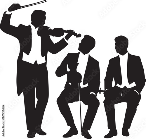 silhouettes of musicians and silhouette of a person with a violin