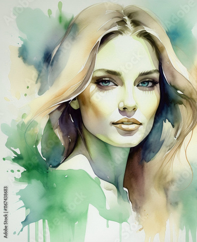 watercolor portrait of a beautiful blond woman with long hair