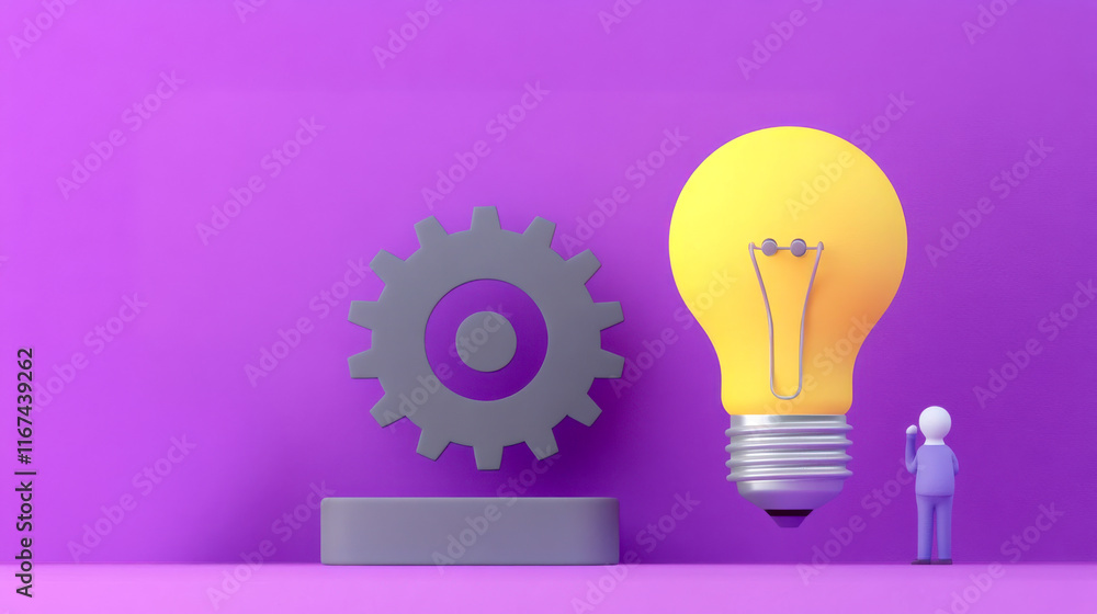 A person stands beside a large light bulb and gear on a purple background, symbolizing creativity and innovation. A person stands beside a large light bulb and gear on a purple background, symbolizing creativity and innovation.