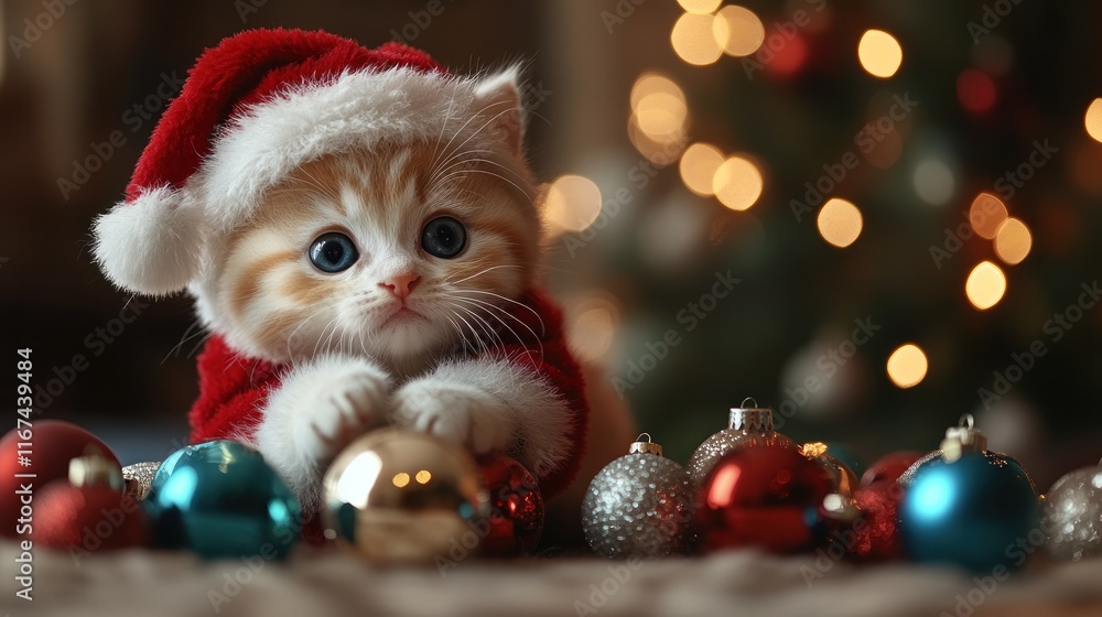 Adorable kitten in Santa hat with Christmas ornaments Adorable kitten in Santa hat with Christmas ornaments