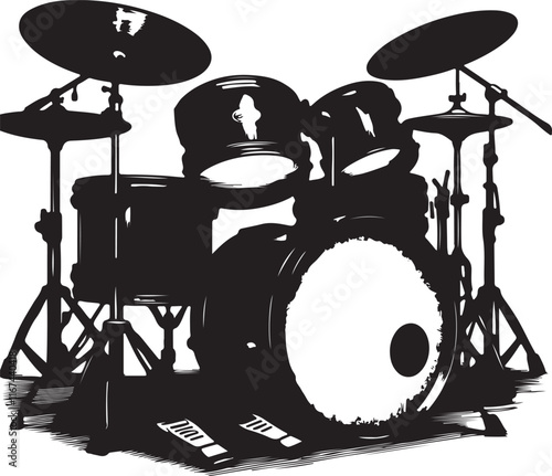 drummer in the set and Dynamic silhouette of a drummer passionately performing on drums against a stark white background during a vibrant music session