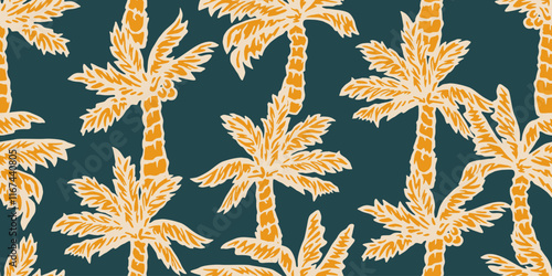Tropical pattern with freehand drawn palm trees. Hawaii summer background for fabric, textiles, clothing, poster, cover, decoration, banner, wallpaper, interior decor. Vector illustration.
