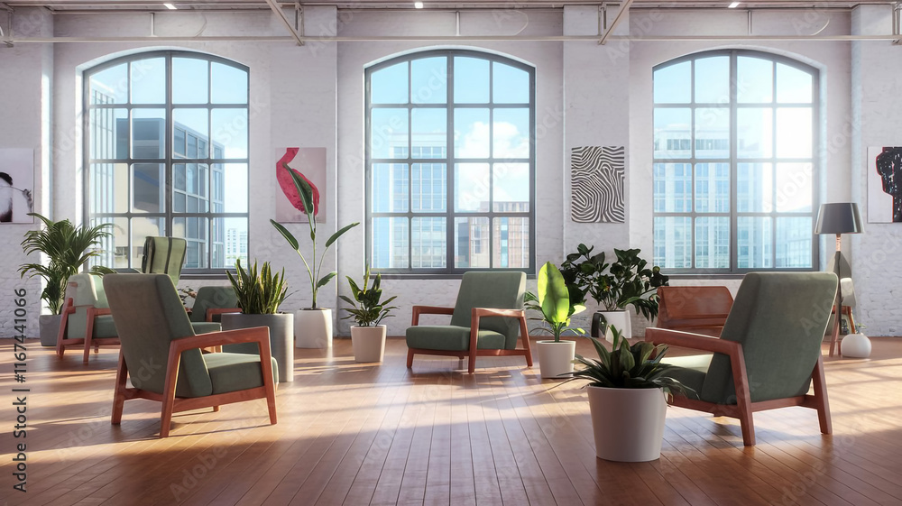 Modern armchairs and table near large windows with white roller blinds indoors Modern armchairs and table near large windows with white roller blinds indoors