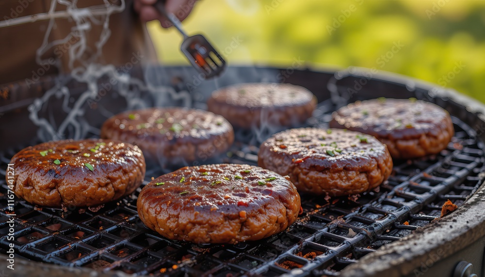 Obraz premium Grilling Juicy Burgers | Burgers on the BBQ | Summer Grilling Scene | Preparing a BBQ Feast | Grilling Perfection
