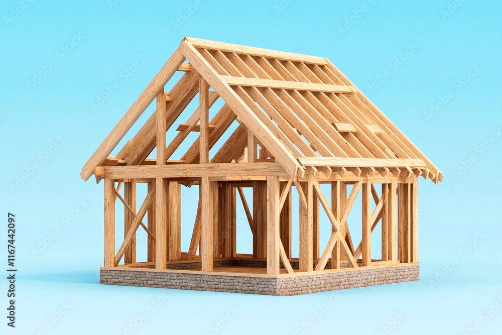 Framework of a wooden house against a bright blue background highlighting construction details Framework of a wooden house against a bright blue background highlighting construction details