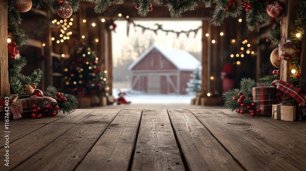 A rustic wooden podium set a festive barn decorated Christmas creating a warm holiday ambiance A rustic wooden podium set a festive barn decorated Christmas creating a warm holiday ambiance