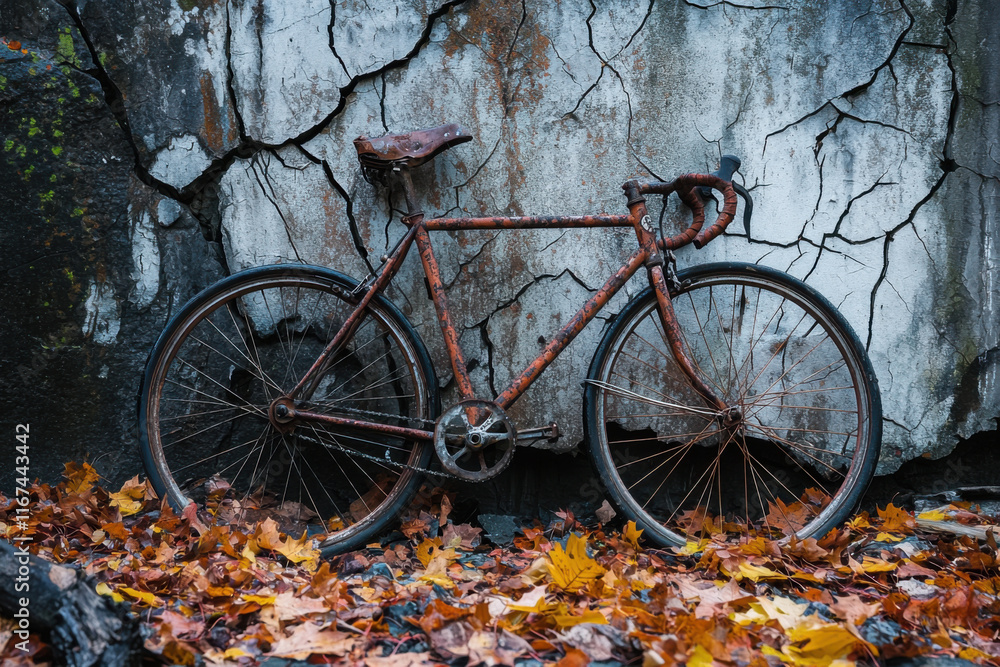 Rusted bicycle against cracked wall with leaves Rusted bicycle against cracked wall with leaves