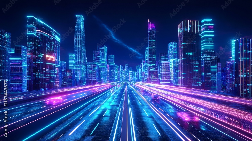 Fototapeta premium Futuristic Neon Cityscape at Night