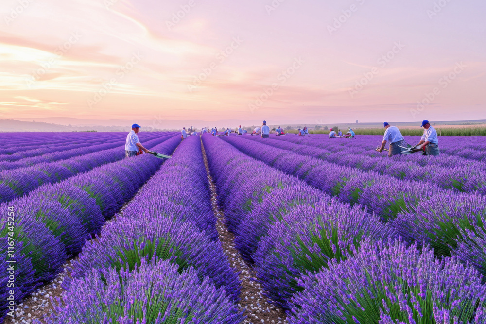 Fototapeta premium Lavender field with workers at sunrise