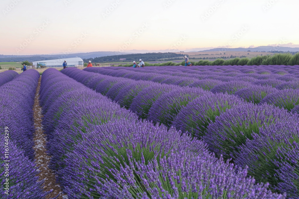 Obraz premium Lavender field with workers at sunrise