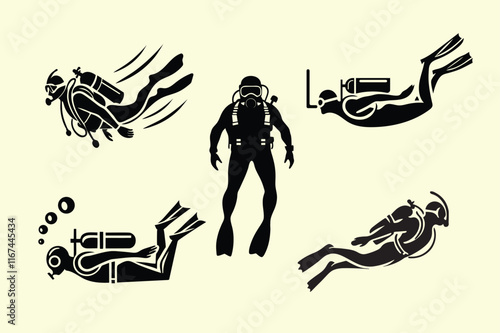 Scuba Diver Silhouette vector set collection - Underwater Exploration Icon Perfect for Adventure Branding and Marine Graphics