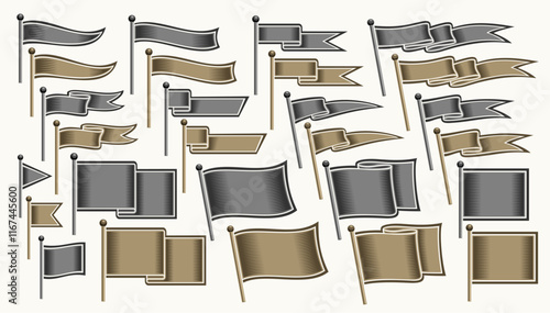 Vector Different Flag Set, collection of cut out illustrations curved and straight variety decorative flags with copy space for slogan, group of 27 various horizontal layout flags on white background