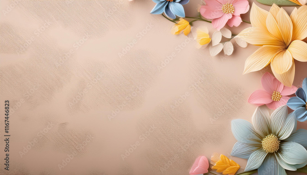 Obraz premium beige with old background delicate colors pastel yellow pink blue flowers on the right side thin patterns along the contour in the middle empty space