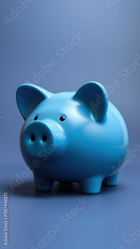 Bright blue piggy bank sits on a smooth surface under soft lighting in a minimalist setting, conveying themes of saving and childhood photo