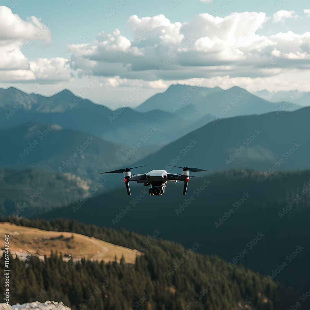 Drone Flying Over Majestic Mountain Landscape During Sunrise Drone Flying Over Majestic Mountain Landscape During Sunrise