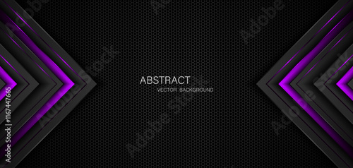 Abstract black and purple polygons on dark steel mesh background. with free space for design. modern technology innovation concept background	