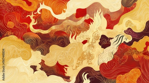 Abstract design featuring the twelve Chinese zodiac signs, arranged in flowing golden and red patterns. photo