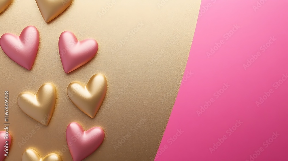 Fototapeta premium Golden and Pink Hearts on a Divided Background