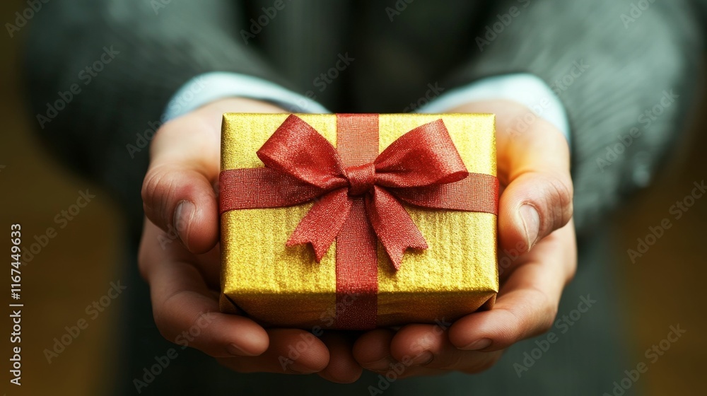 Golden gift box, red ribbon, offered hands. Golden gift box, red ribbon, offered hands.