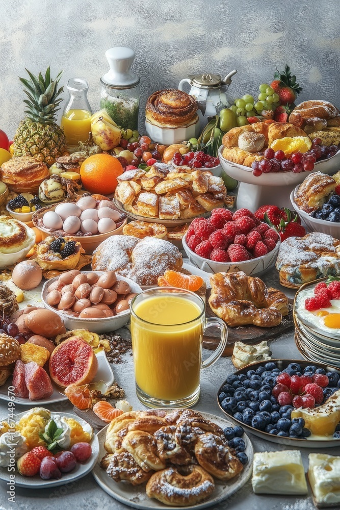 various breakfast foods, including coffee, pastries, fruits, and eggs on gray background various breakfast foods, including coffee, pastries, fruits, and eggs on gray background