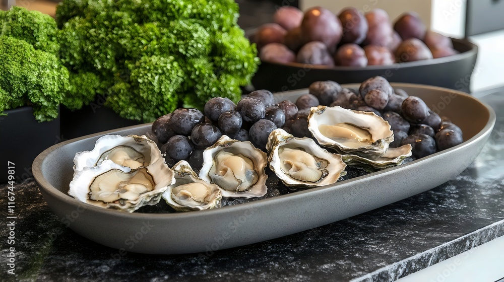 A black tray with oysters and grapes on it A black tray with oysters and grapes on it