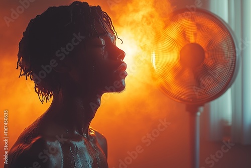 Sweating individual finds relief from summer heat standing next to a fan in a minimalist room