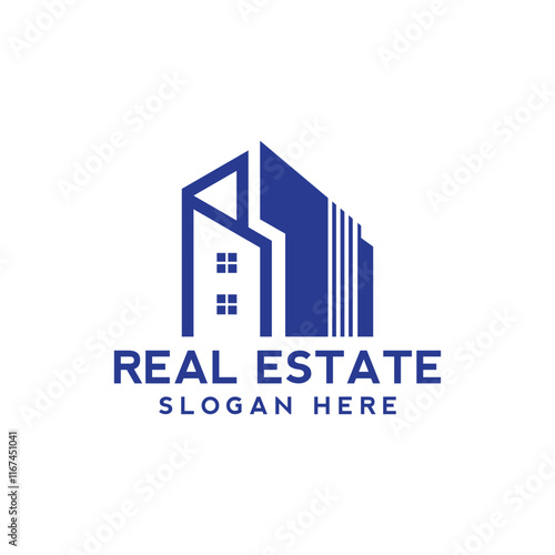 real estate corporate logo. Real estate logo vector template. Corporate real estate logo Initial Letter R Logo. Orange and White Geometric Shape Origami Style isolated on Blue Background. Flat Vector 