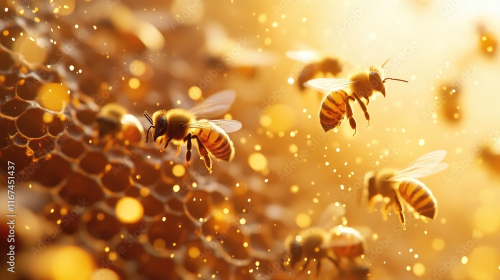 A close-up of bees working on honeycomb, capturing their intricate activity and environment. A close-up of bees working on honeycomb, capturing their intricate activity and environment.