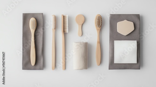 A high-quality image of eco-friendly travel accessories in minimalist packaging on a white background.--ar 16:9 photo