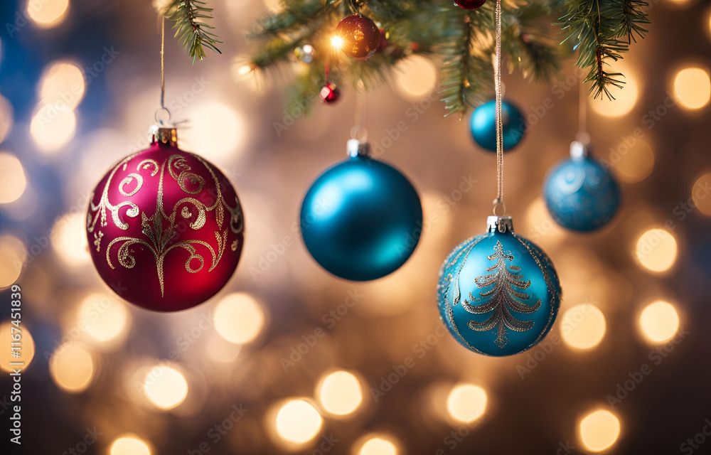 Christmas Balls Hanging on an Out of Focus Background - Festive and Dreamy Christmas Balls Hanging on an Out of Focus Background - Festive and Dreamy
