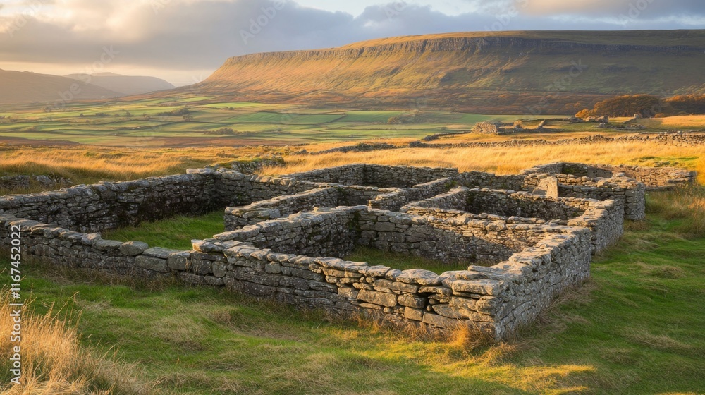 Fototapeta premium Ancient Stone Ruins in Rolling Hills at Sunset